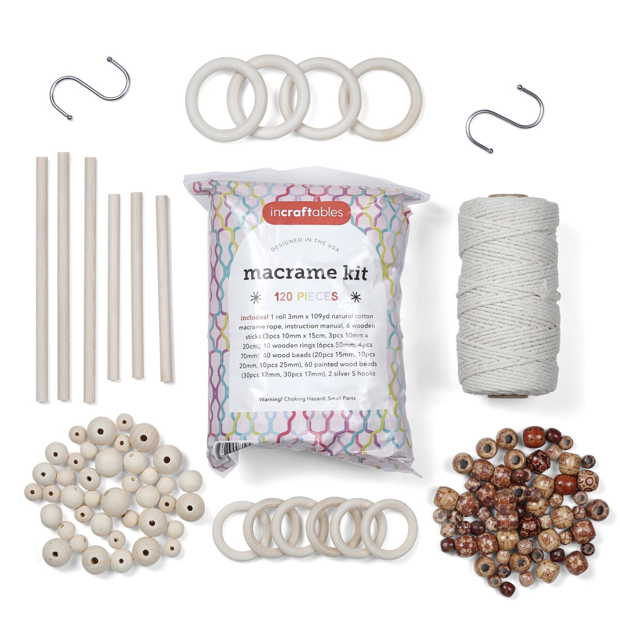 Incraftables Macrame Kits for Adults Beginners & Kids. Macrame Supplies with Natural Cotton Macrame Rope Cord, Wooden Sticks, Rings, Wood Beads, S Hooks & Instructions for Plant Hanger & Wall Hanging